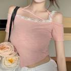 Short-sleeve Lace Trim Cold-shoulder T-shirt