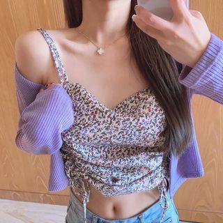 Plain Cardigan / Flower Print Drawstring Camisole Top