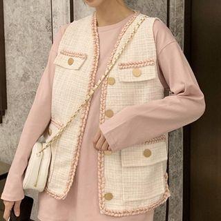 Plain Crewneck Long-sleeve Top / Color-block Trim Plaid Vest