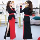 Long-sleeve Color Block Maxi Peplum Dress