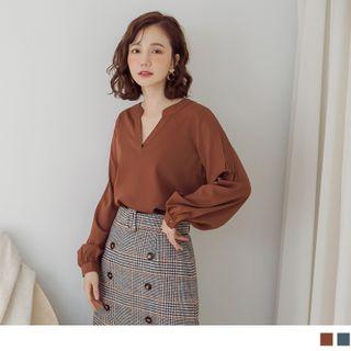 Lantern-sleeve V-neck Plain Top