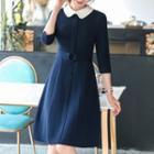3/4-sleeve Belted Midi A-line Dress