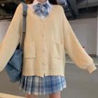 Long-sleeve Plain Shirt / Knit Cardigan / Plaid Pleated Mini Skirt