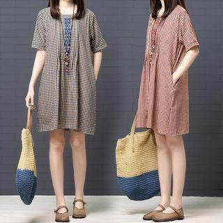 Embroidered Short-sleeve Gingham Dress