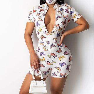 Short-sleeve Butterfly Print Half-zip Playsuit