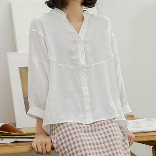 Split-neck 3/4-sleeve Blouse White - One Size