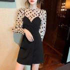Set: Puff Sleeve Dot Print Top + Spaghetti Strap Sweetheart A-line Dress