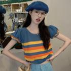 Puff-sleeve Color Block Striped Knit Top Stripe - Blue - One Size