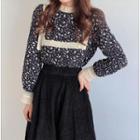 Lace Trim Floral Blouse / Corduroy Midi A-line Skirt