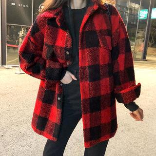 Check Sherpa-fleece Shirt Jacket Red - One Size