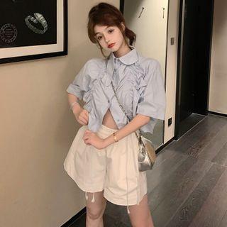 Asymmetric Drawstring Crop Shirt / Elastic High-waist Wide Shorts