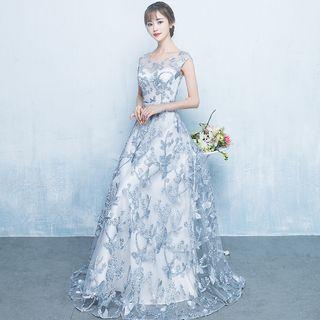 Cap-sleeve Embroidered A-line Evening Gown