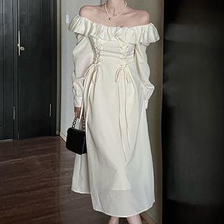 Long-sleeve Off-shoulder Lace-up Midi A-line Dress