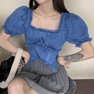 Puff-sleeve Square Neck Ruffled Denim Blouse Blue - One Size