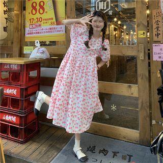 Printed Cherry Lace-up A-line Dress Pink - One Size