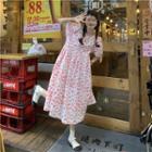 Printed Cherry Lace-up A-line Dress Pink - One Size