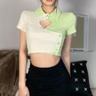 Short-sleeve Asymmetrical Heart Cutout Crop Polo Shirt