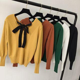 Bow V-neck Long-sleeve Top