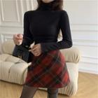 Plain Cardigan / Turtleneck Knit Top / Argyle Mini A-line Skirt