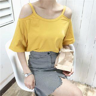Plain Loose-fit Off-shoulder Short-sleeve Top