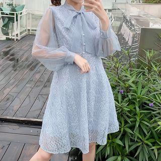 Tie-neck Sequined A-line Mesh Dress