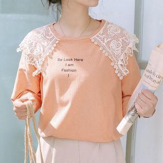 Elbow-sleeve Lettering Lace-panel T-shirt