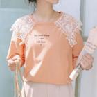 Elbow-sleeve Lettering Lace-panel T-shirt