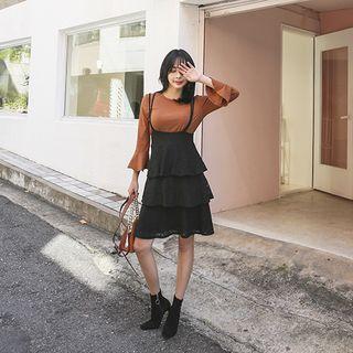 Set: Top + Ruffle-tiered Lace Suspender Dress
