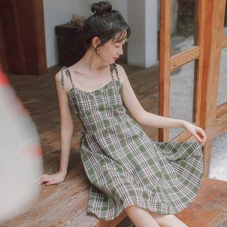 Chiffon Light Jacket / Spaghetti Strap Plaid Dress