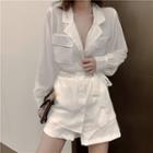 Lantern-sleeve Blouse + Wide-leg Shorts