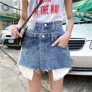 Mock Two-piece Asymmetric Frayed Hem A-line Mini Denim Skorts