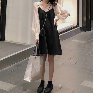 Set: Balloon-sleeve Top + Spaghetti-strap