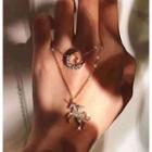 Rhinestone Unicorn & Moon Pendant Layered Necklace Gold - One Size