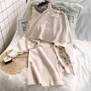 Set: Crew-neck Sweater + Ribbed Spaghetti Strap Knit Dress