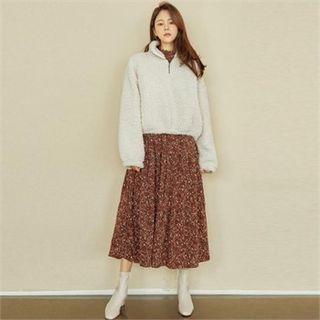High-neck Zip-front Fleece Top Beige - One Size