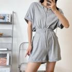 Set : Short-sleeve Plain Zip Hooded Top + High-waist Plain Shorts