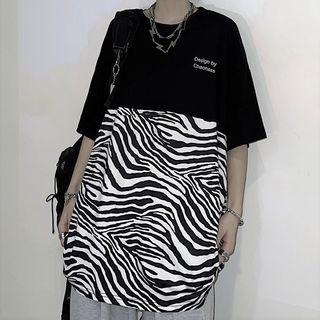 Couple Matching Short Sleeve Zebra Panel Lettering T-shirt