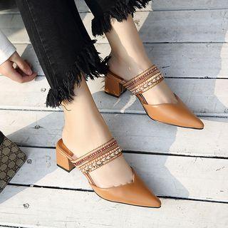 Beaded Pointed Chunky Heel Slide Sandals