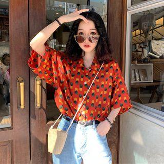 3/4-sleeve Pattern Shirt Red - One Size