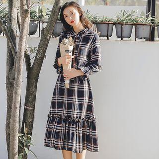 Plaid Ruffled Tie-neck Dress