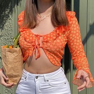 Long-sleeve Tie-front Ruffled Floral Crop Top