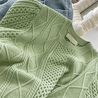 Puff-sleeve Cable-knit Top Yellow Green - One Size