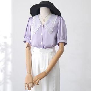 Eyelet Collar Puff-sleeve Blouse