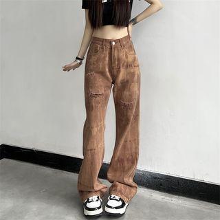 High Waist Tie-dye Distressed Straight Leg Jeans
