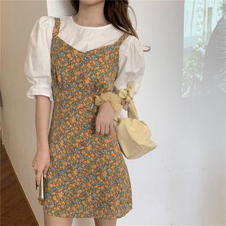Set: Balloon-sleeve Blouse + Floral Print Pinafore Dress