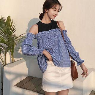 Mock Two Piece Color Panel Cut Out Shoulder Blouse