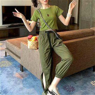 Set: Short-sleeve Knit Top + Slit Harem Pants