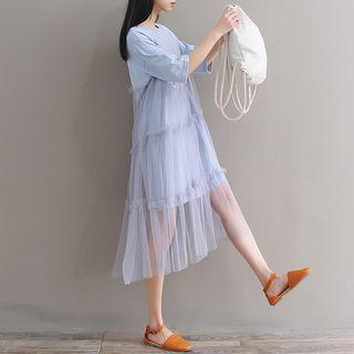 Mesh Panel Elbow-sleeve A-line Midi Dress