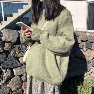 Plain Round-neck Long-sleeve Sweater Green - One Size