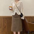 Long-sleeve Ruffled Blouse / Midi A-line Skirt